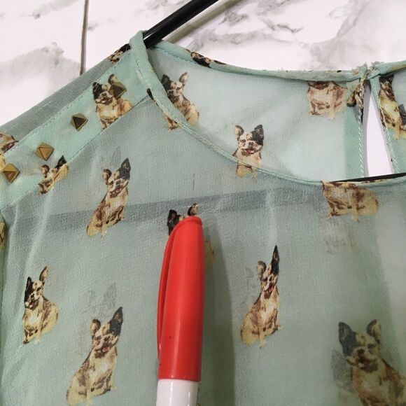 ZARA FRENCH BULLDOG PRINT NOVELTY SHEER CHIFFON STUDDED SHOULDER MINT BLOUSE S - Picture 4 of 12
